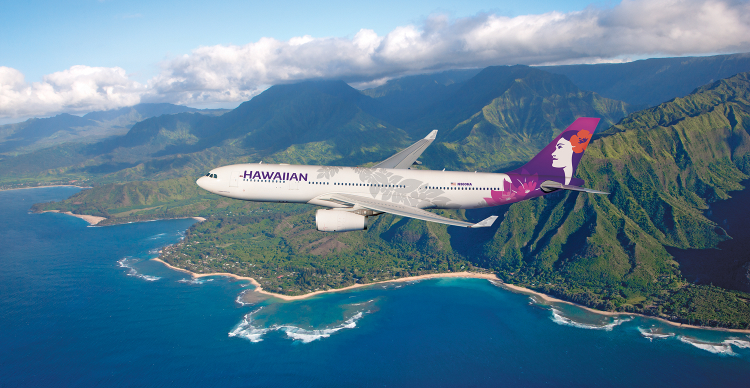 A Hawaiian Airlines plane over the islands of Hawai'i.
