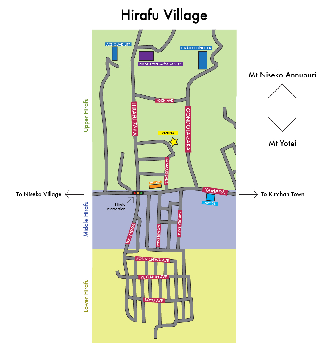 A map of Hirafu village with main roads pointed out and Kizuna highlighted.