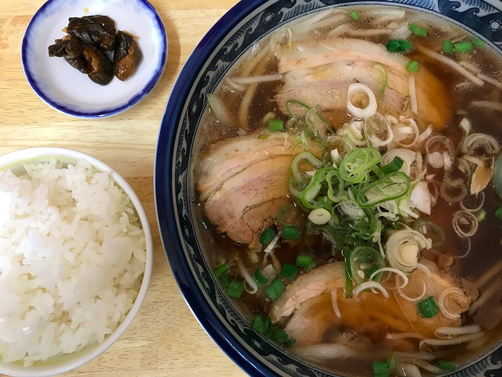 Soy sauce ramen with pork and green onion at Nakama Ramen.