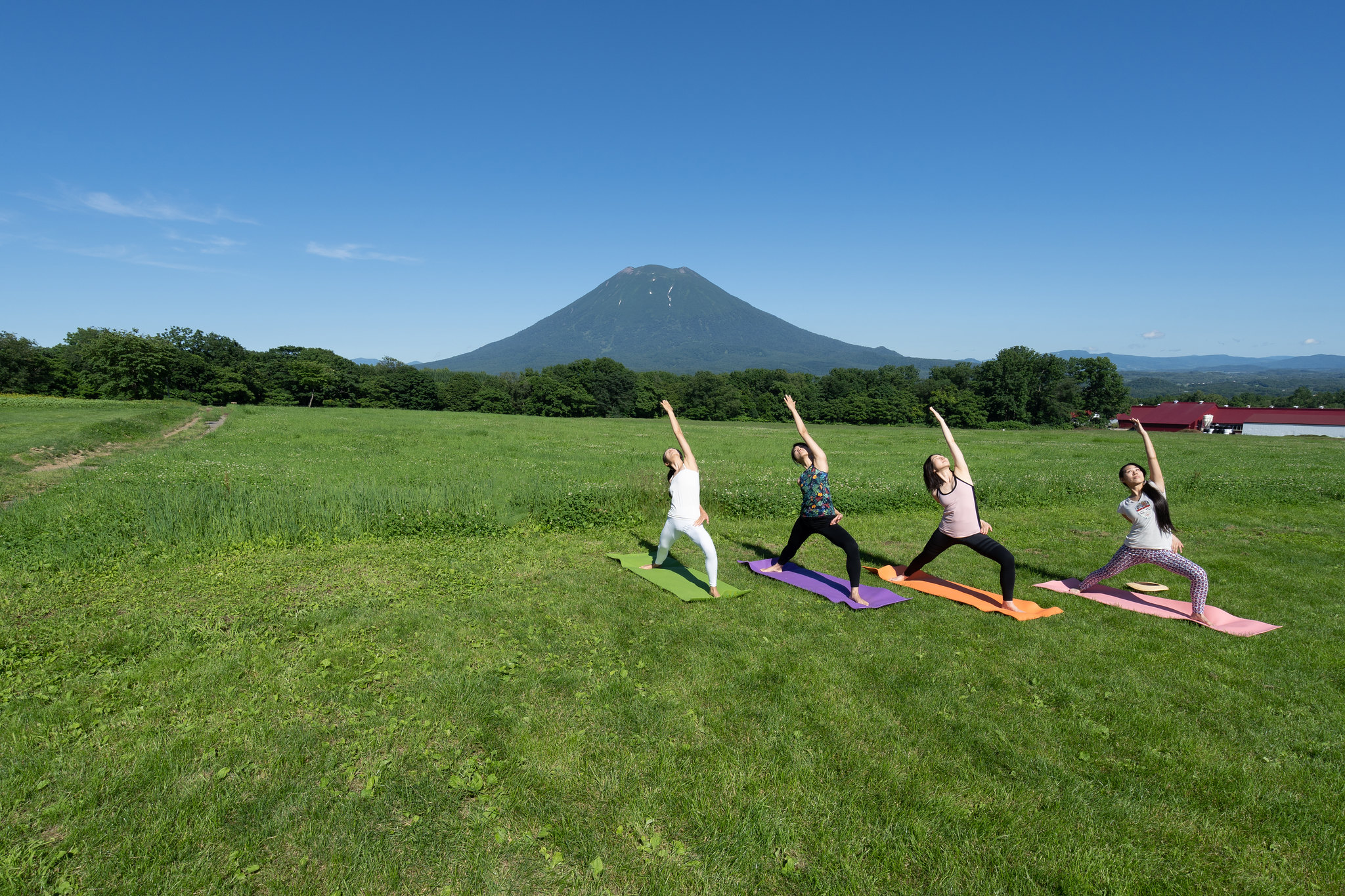 Four yogis practice yoga in front of Mount Yotei in Niseko summer