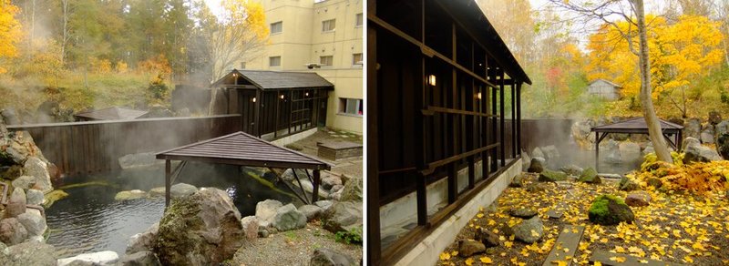 紅葉の季節のニセコアンヌプリ温泉湯心亭の露天風呂